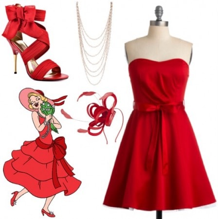 Outfit inspired by Charlotte from Walt Disney's The Princess and the Frog - red dress, chiffon heels, layered pearl necklace, feather fascinator headband