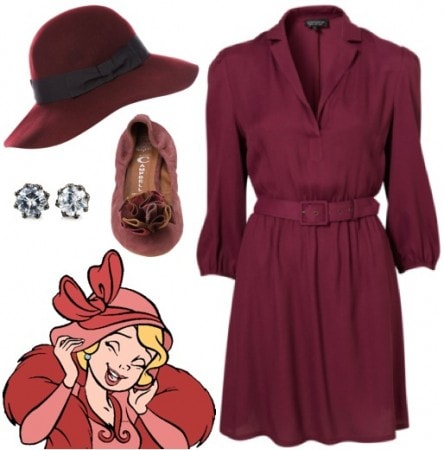Outfit inspired by Charlotte from Walt Disney's The Princess and the Frog - belted shirt dress, flats, hat, princess stud earrings