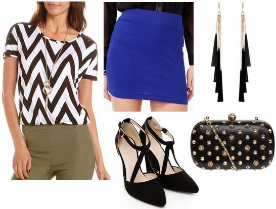 Charlotte russe chevron top, cobalt skirt, statement earrings