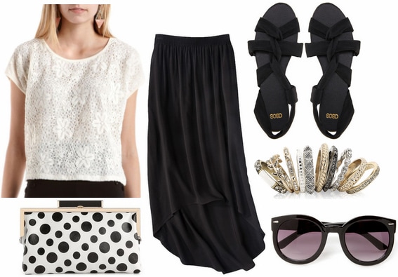 Charlotte russe crochet tee, black skirt, polka dot clutch