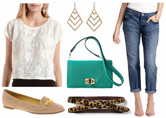 Charlotte russe crochet tee, loafers, boyfriend jeans