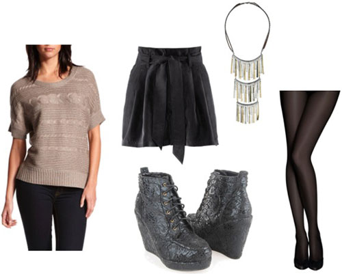 How to wear a Charlotte Russe metallic sweater with a black skirt, wedge ankle booties, and a statement necklace
