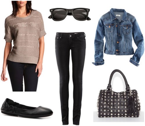 How to wear a Charlotte Russe metallic sweater with a denim jacket, studded bag, flats, and shades