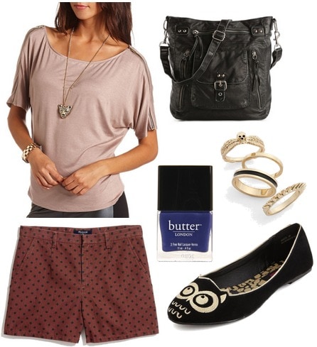 Charlotte russe off the shoulder tee, polka dot shorts, owl loafers