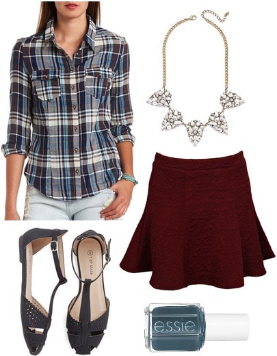 Charlotte Russe plaid shirt, textured skirt, t strap flats
