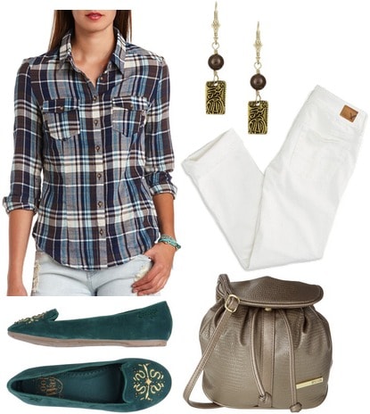 Charlotte Russe plaid shirt, white jeans, green loafers