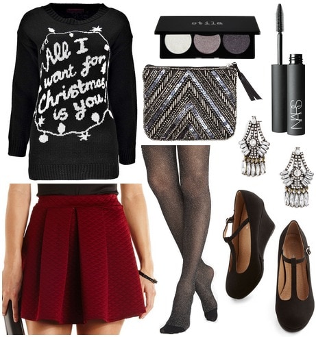 Charlotte Russe quilted skirt, Christmas sweater, mary-janes, tights