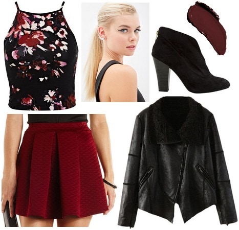 Charlotte Russe quilted skirt, floral blouse, moto jacket, booties