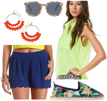 Charlotte russe scalloped shorts, lime blouse, floral shoes