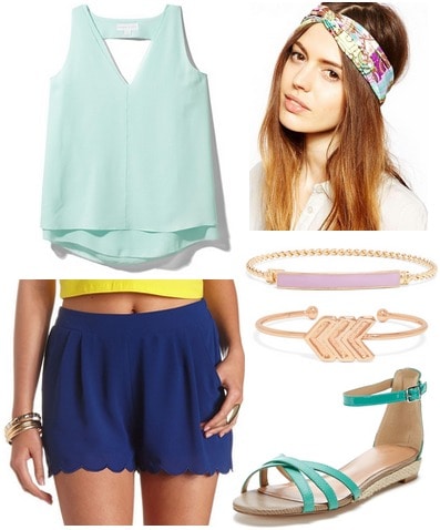 Charlotte russe scalloped shorts, pastel blue top, sandals, headwrap