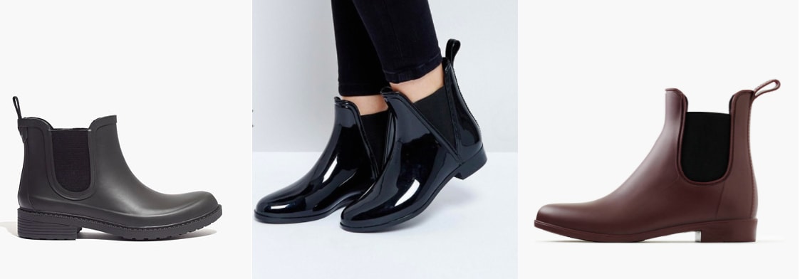 Chelsea rain boots from left to right: traditional black rubber boots from Madewell, patent shiny black boots from ASOS, and burgundy rain boots from J. Crew.