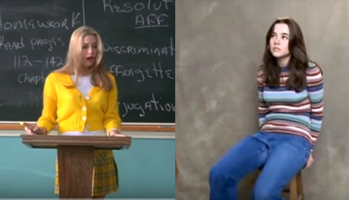 Cher Horowitz in a yellow sweater and Lindsay Weir in a striped top