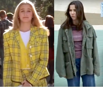 Cher Horowitz in a yellow plaid outfit and Lindsay Weir in a green army jacket and striped shirt