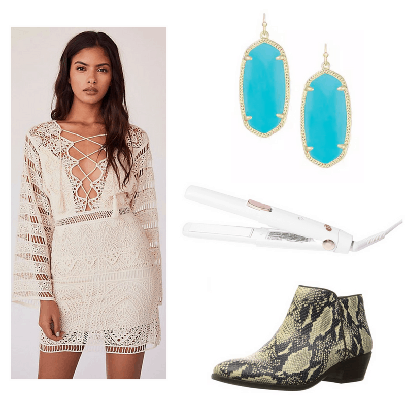 Le style Cher : Tenue inspirée de Cher dans les années 1970 avec robe chauve-souris en dentelle, bottes en peau de serpent, boucles d'oreilles turquoise et fer plat