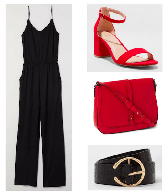 Photo set including a black jumpsuit, red block heels, a red crossbody purse, and a black belt with a gold buckle.