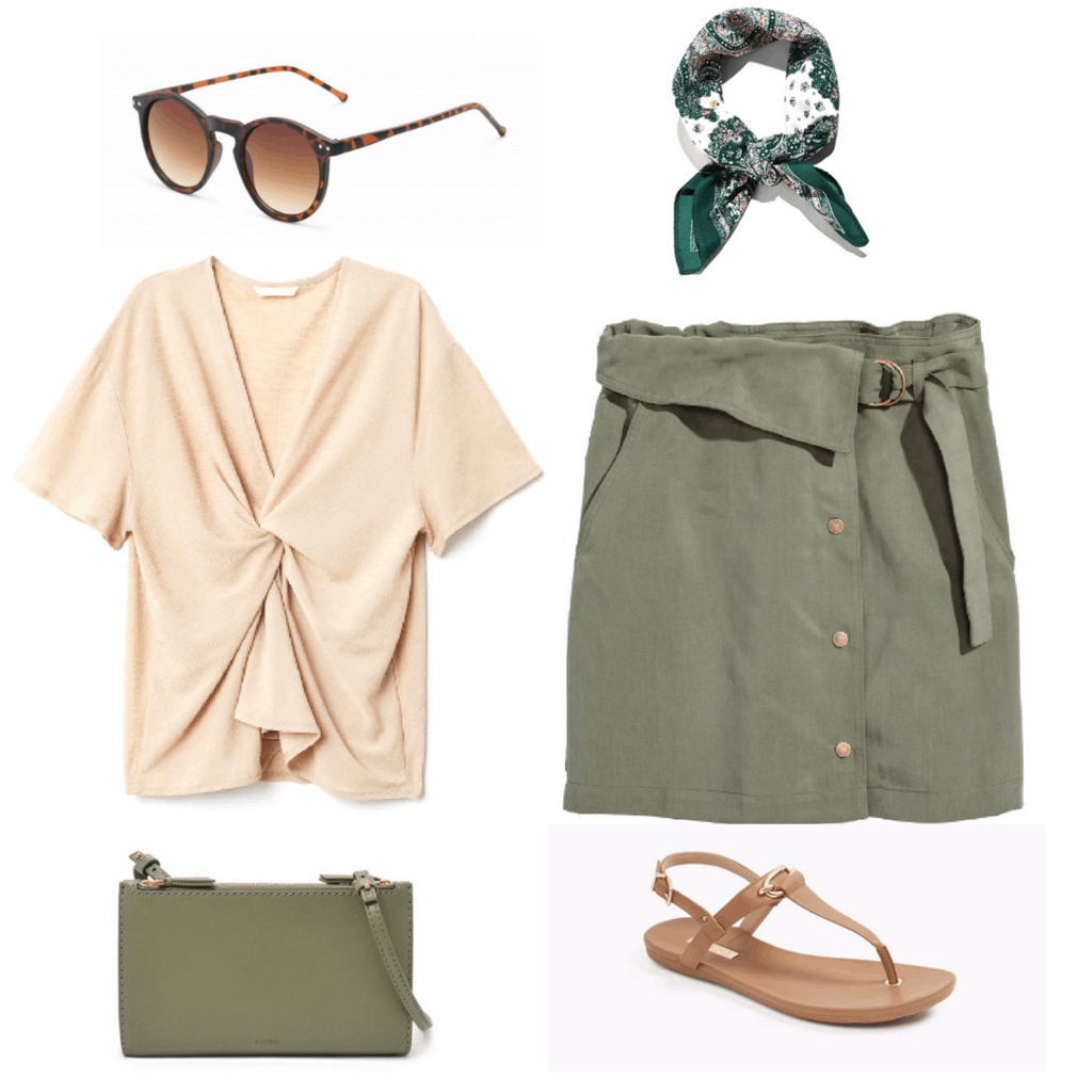 Chic and earthy summer outfit: Olive green wrap skirt, neutral beige tie-front top, tortoiseshell sunglasses, olive mini purse, patterned head scarf, neutral brown t-strap sandals