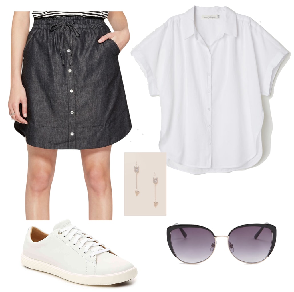 Chloe Grace Moretz Outfit: white short sleeve button-down shirt, dark denim button front mini skirt, silver arrow drop earrings, black sunglasses, and white low-top sneakers