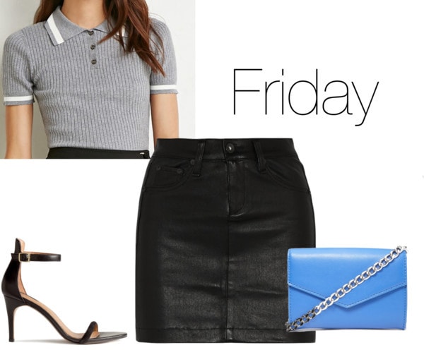 Chloe Moretz Friday outfit - blue clutch, black leather skirt, polo shirt, heels