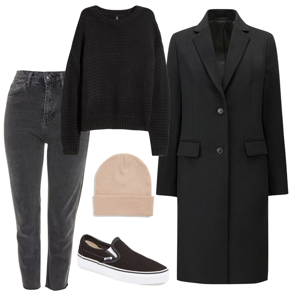 Chloe Moretz Outfit: gray straight leg jeans, black sweater, black long coat, blush colored beanie hat, and black slip on Vans sneakers