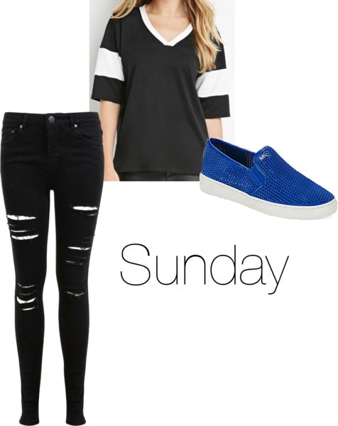 Chloe Moretz Sunday outfit - ripped jeans, black jersey, blue slip ons