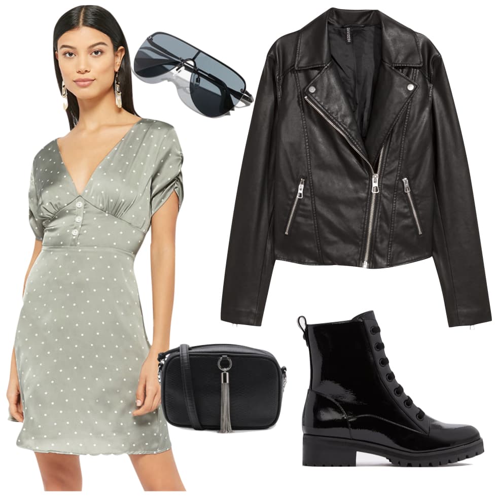 Chrissy Teigen Outfit: green polka dot v-neck dress, black shield sunglasses, black faux leather biker jacket, black and silver tassel crossbody bag, and black faux patent leather lace-up booties