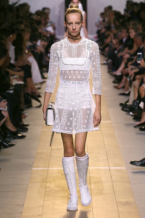 Christian Dior Spring 2017 runway look 1: White crochet cotton knit dress with white underwear and a white purse