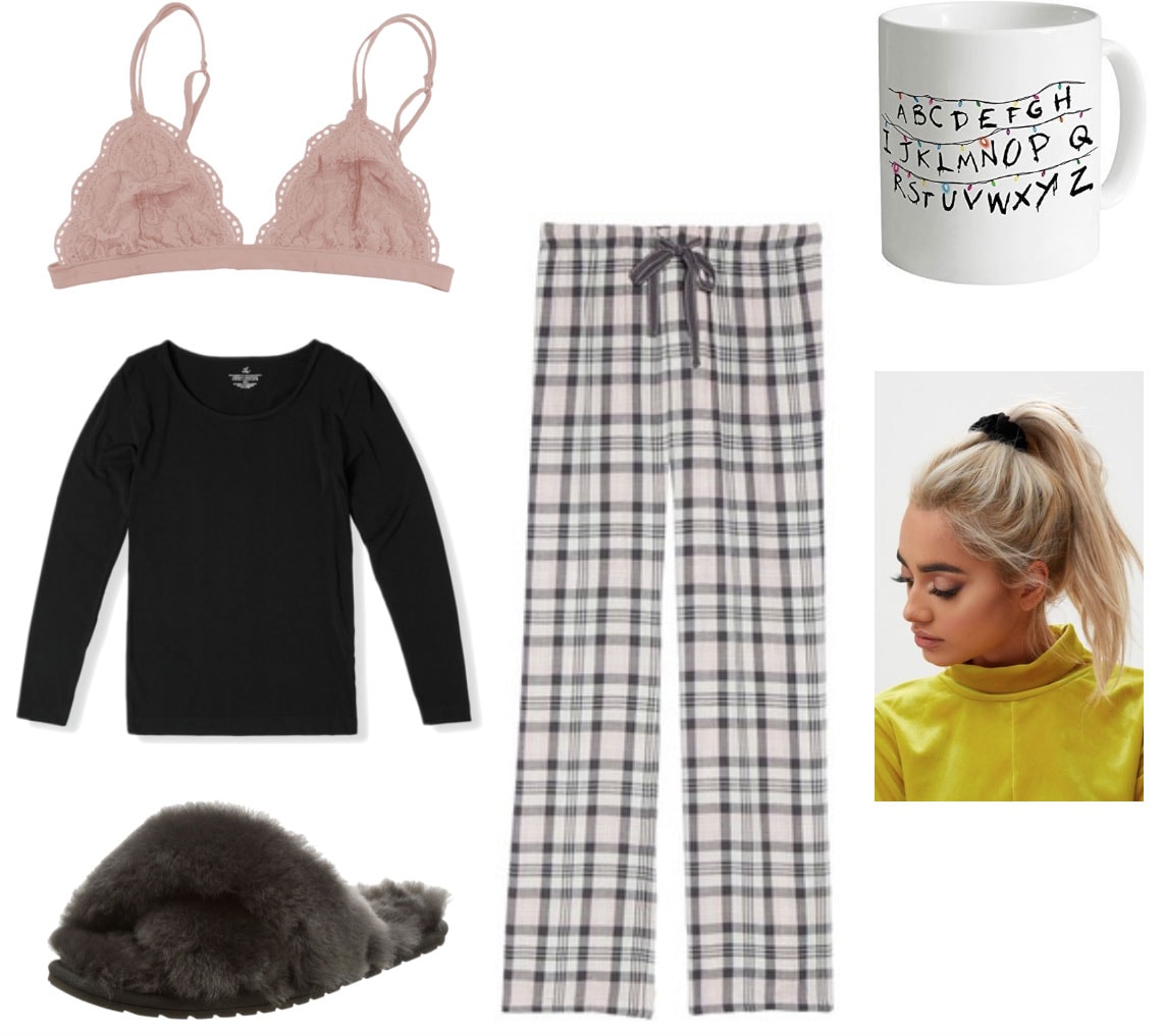 Christmas morning outfit with bralette, cozy thermal top, fluffy slippers, Stranger Things mug, plaid pajama pants, velvet scrunchie