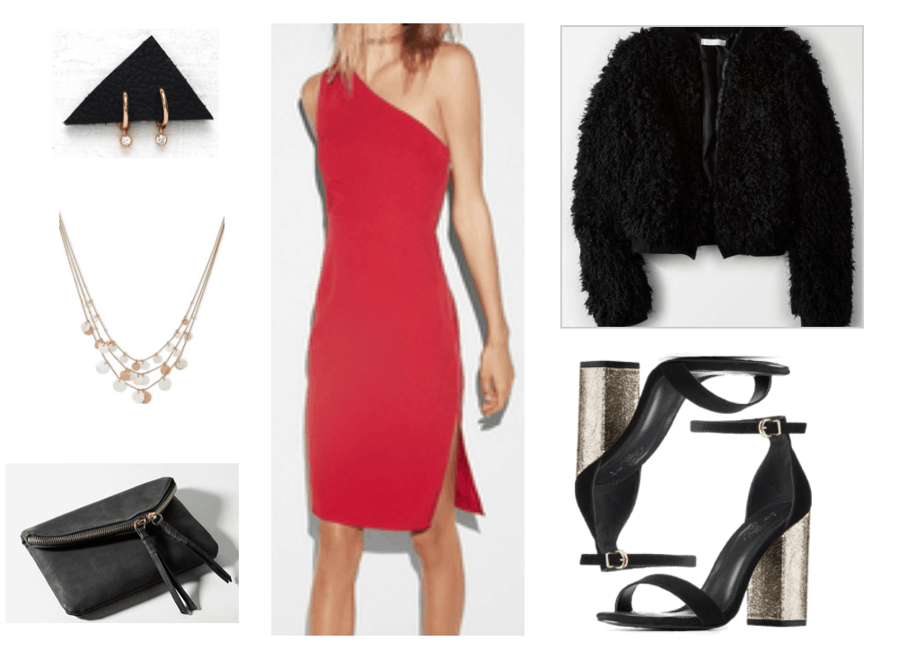 Red one-shoulder dress outfit for Christmas.