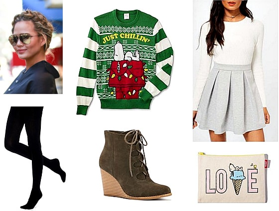 Christmas outfit idea: Snoopy Christmas sweater, gray mini skirt, black tights, lace-up wedge booties