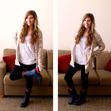 Cozy outfit for a rainy day - chunky cardigan, pink top, rain boots