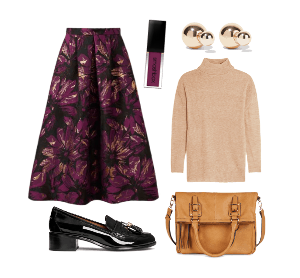 Work outfit idea with chunky loafers, midi skirt, and turtleneck sweater