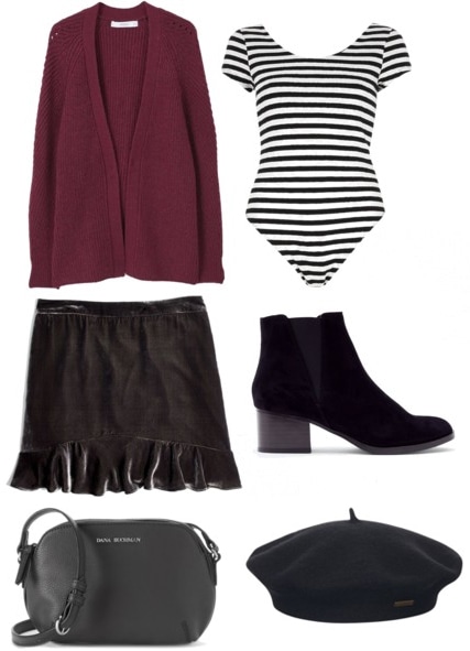 How to transition a chunky knit sweater from winter to spring: Outfit with maroon chunky knit sweater, striped bodysuit, black boots, a velvet skirt, a black leather crossbody bag, and a black beret.