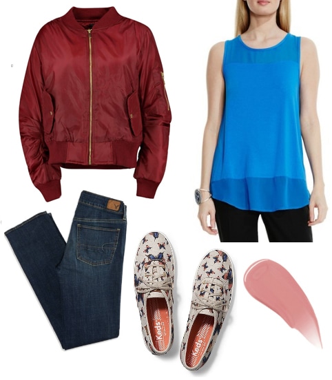 Outfit inspired by A Cinderella Story: Burgundy bomber jacket, blue top, jeans, butterfly print shoes