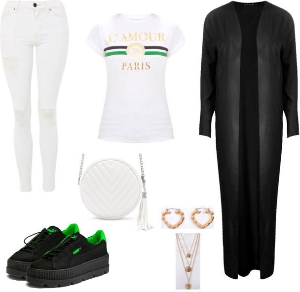 White circle bag with white denim jeans, white t-shirt, black duster, black and green fenty pumas, gold heart earrings, and gold necklace.