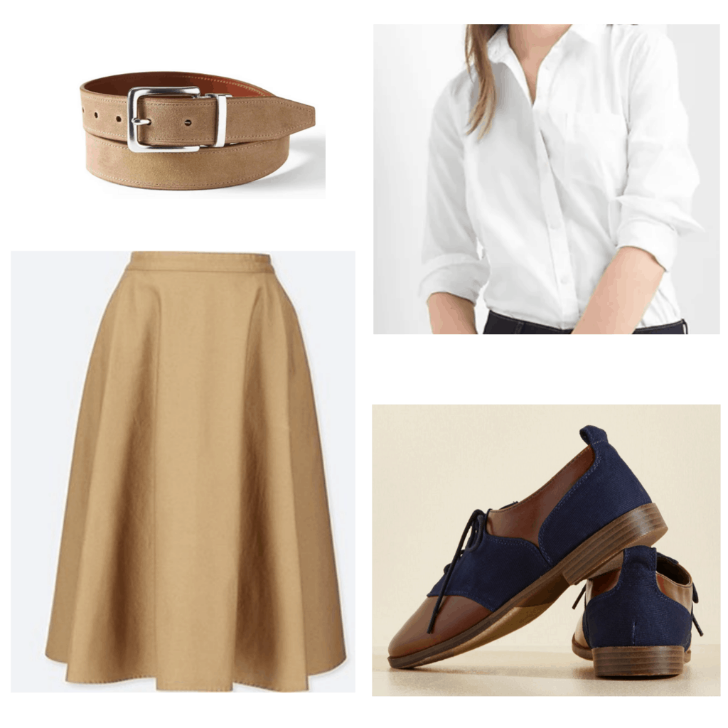 Khaki circle skirt with white blouse, than belt, and navy and brown oxfords