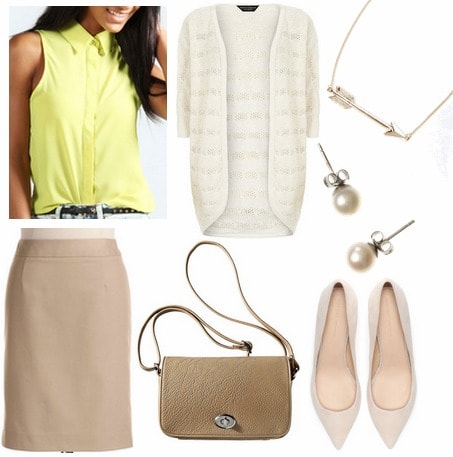 Citron blouse, tan skirt, cardigan