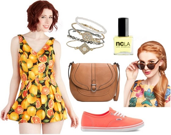 Citrus print romper, coral sneakers, crossbody bag