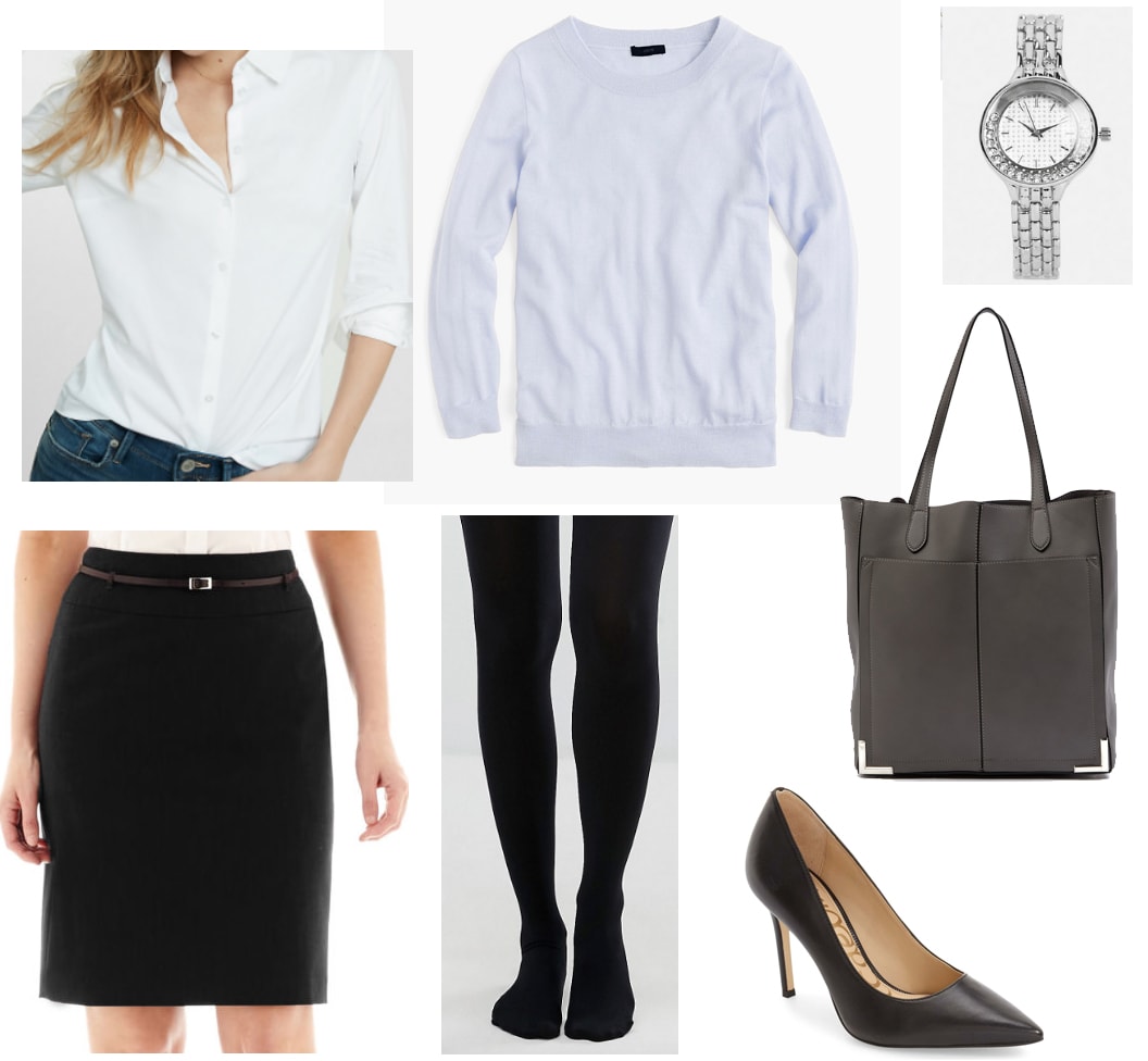 Class presentation outfit 2: White button down shirt, blue sweater, black pencil skirt, tights, silver watch, gray tote bag, black heels