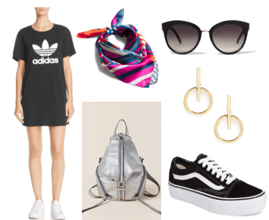 How to wear a t shirt dress during the day. Daytime outfit with an adidas t shirt dress with the signature trefoil logo. The look is completed with black sunglasses, gold earrings, silver back pack, multi color neck scarf, and skater sneakers.