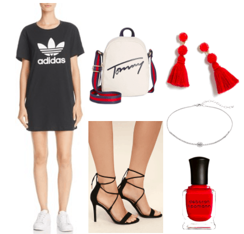 How to wear a t shirt dress for night. Nighttime outfit featuring an Adidas T Shirt dress with the signature trefoil logo. The look is completed with a pair of black laced up heels, red tassel earrings, a silver choker, red nail polish, and a miniature Tommy backpack styled as a cross body bag.