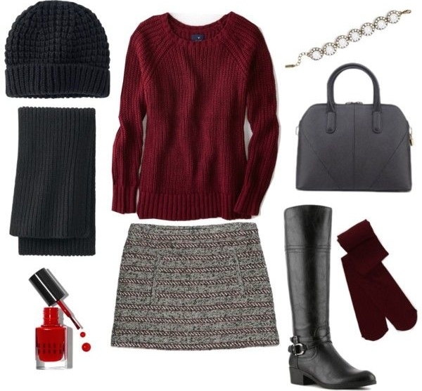 Tweed skirt and sweater outfit