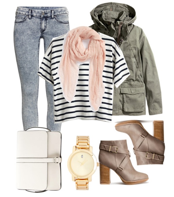 How to wear a lightweight scarf for class with a striped tee, skinny jeans, a military jacket, and heeled boots