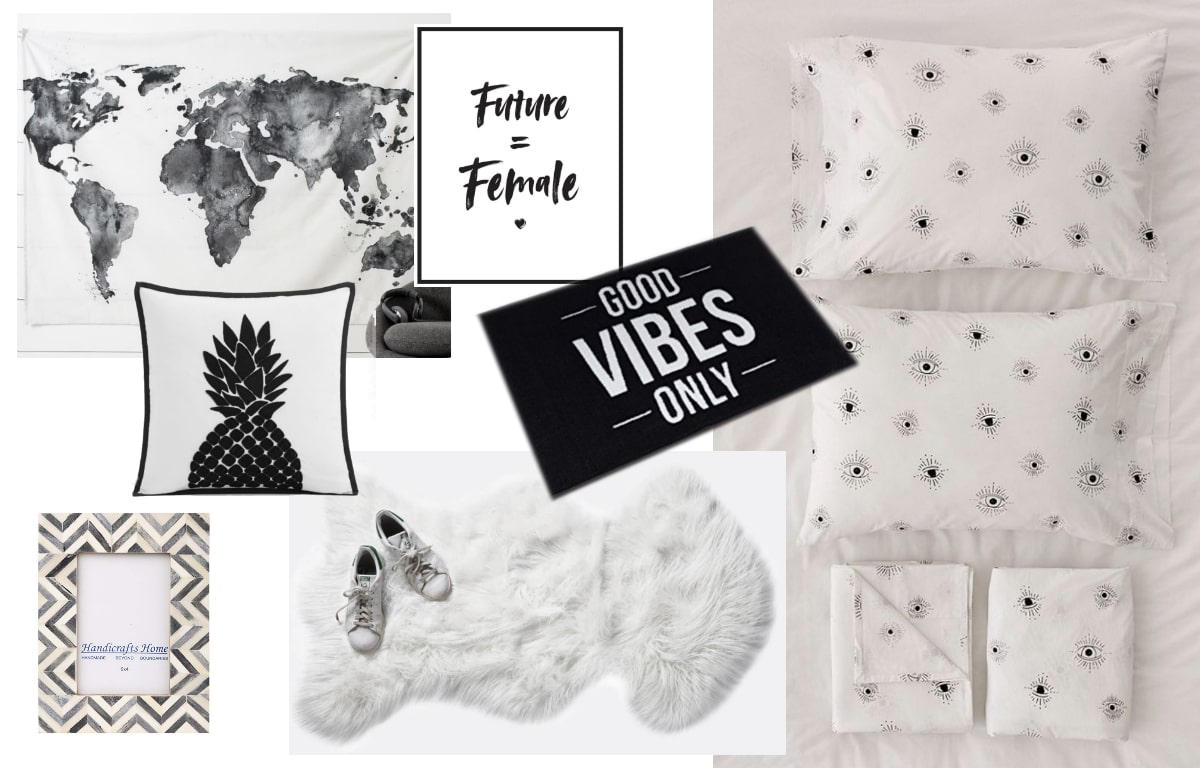 Dorm room classic black and white color inspiration shopping guide with elements from Urban Outfitters, Amazon, and Target.