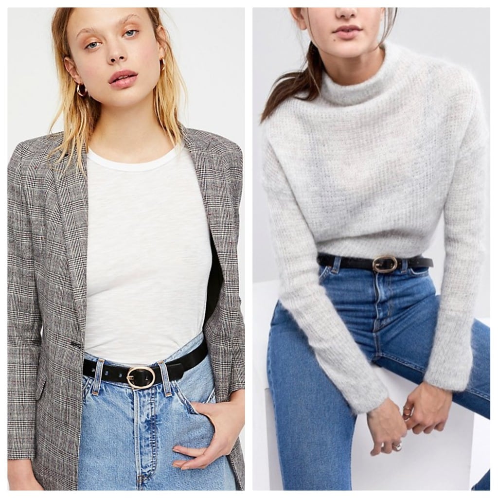 Classic Black Belt: The left photo is from Free People the right is from ASOS. The model on the left is wearing hers with high-waisted jeans, a white top, and blazer whereas the model on the right has hers with high-waisted jeans and a sweater.