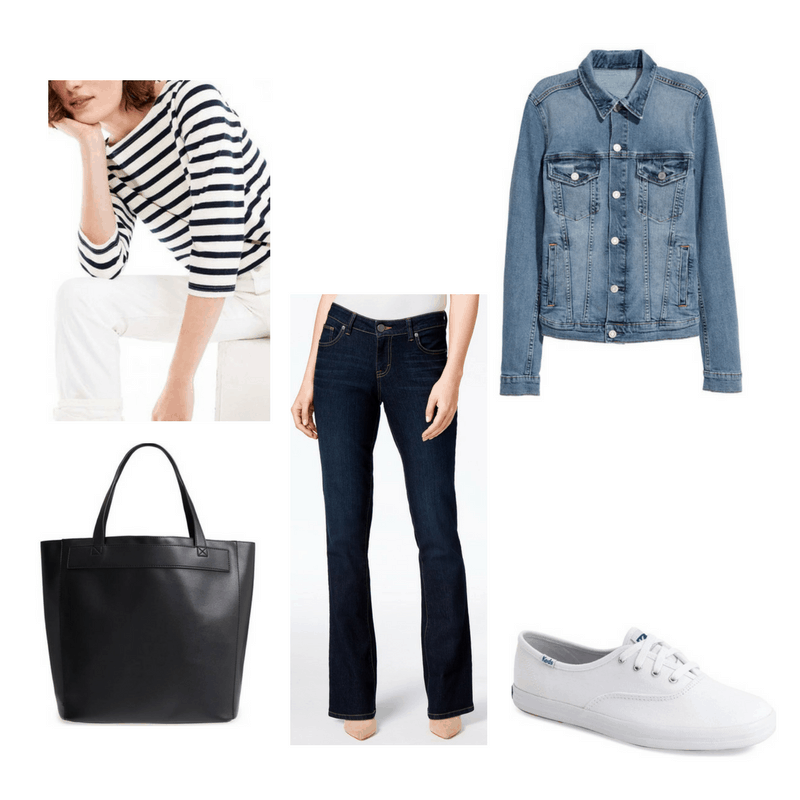 Classic finals outfit with denim jacket, striped tee, jeans, white sneakers, and black tote bag