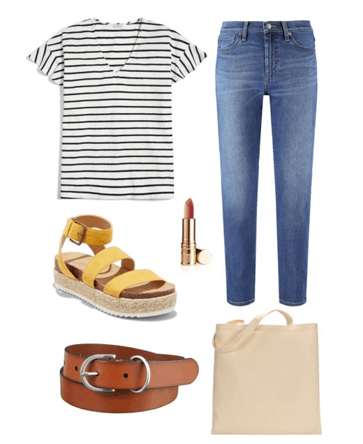 Polyvore set including: a striped tee, denim jeans, strappy yellow espadrilles, lipstick, a brown belt, and a canvas bag.