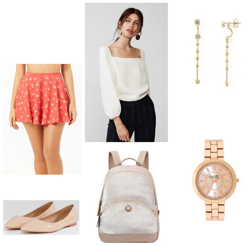 Classical music outfit with floral mini skirt, square neck top, nude backpack, gold jewelry, and nude flats