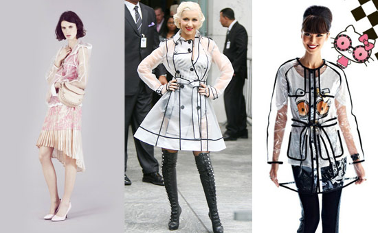 Clear trench coats in Topshop's spring 2012 lookbook, on Christina Aguilera, and in the Hello Kitty Forever 21 collection
