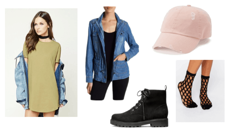 Clementine from The Walking Dead Outfit Inspiration: Light Olive T-Shirt Dress, Chunky Rubber Sole Boots, Baseball Cap, and Denim Jacket