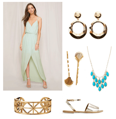 A model wearing a pale green flowing maxi dress with thin straps, alongside gold plated thick hoop earrings with a circle at the top, gold fan hair pins, a gold necklace with turquoise stones in a chandelier shape, a gold cuff bracelet, and light gold shiny sandals with an ankle strap.